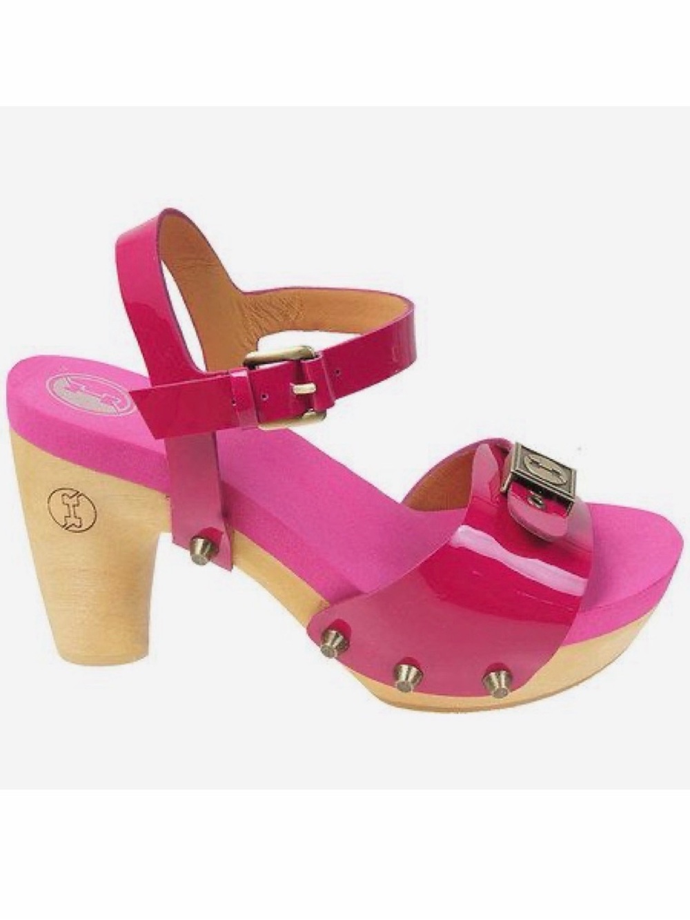 Patent Pink Ankle-Strap Wedge Sandals with Stud Accents
